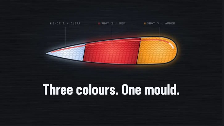 Frame from the Jump Mould company film: a three-colour tail-lamp lens and the line Three colours. One mould.